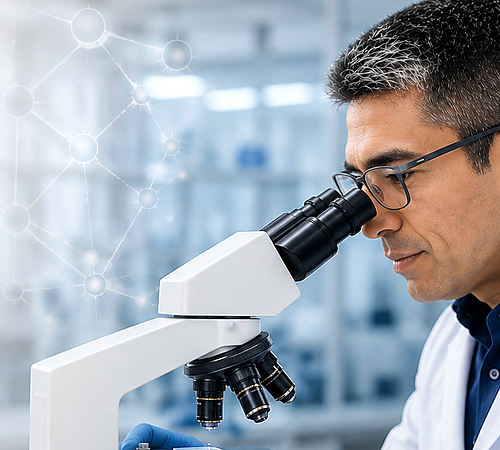 Médico pesquisador usando microscópio em laboratório